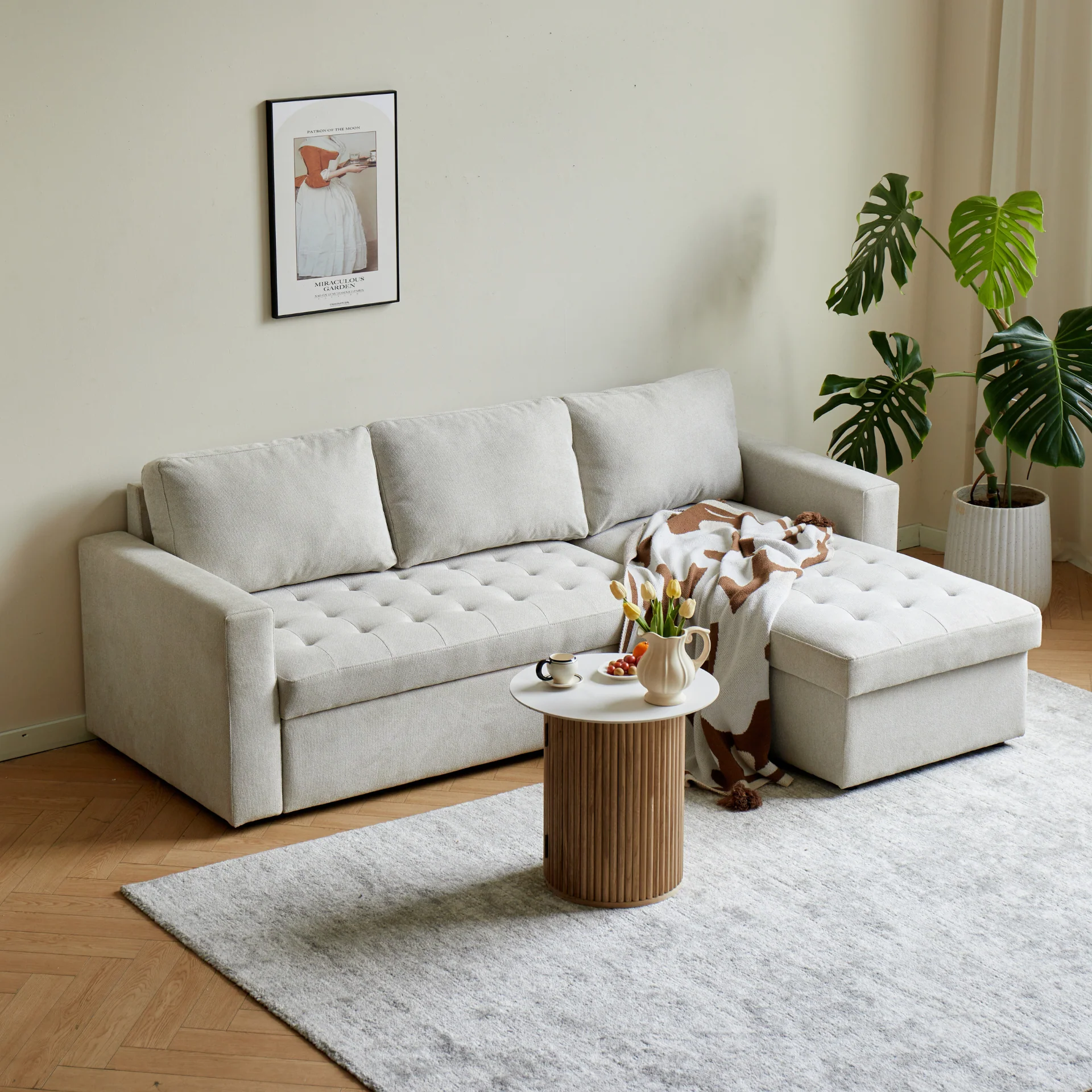 Sinus - Canapé-lit réversible beige avec méridienne et rangement - Image 5